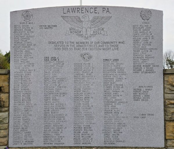 LAWRENCE, PA. HONOR ROLL WAR MEMORIAL FRONT