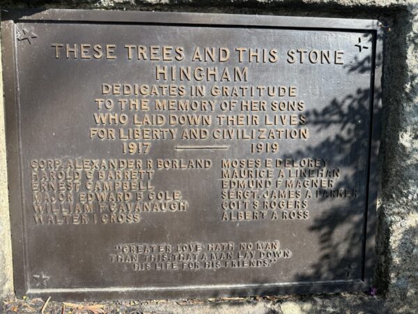 THESE TREES AND THIS STONE WAR MEMORIAL PLAQUE