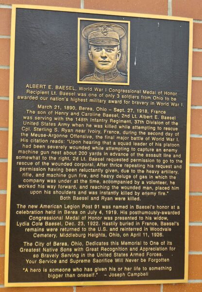 ALBERT E. BAESEL MEDAL OF HONOR WAR MEMORIAL CLOCKTOWER PLAQUE
