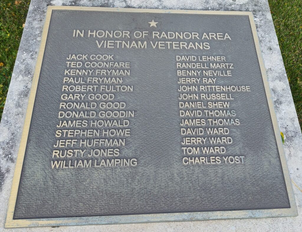 RADNOR AREA VIETNAM VETERANS WAR MEMORIAL PLAQUE