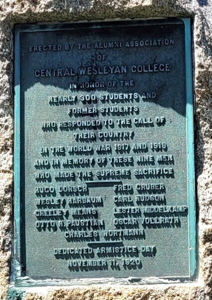 CENTRAL WESLEYAN COLLEGE WORLD WAR I MEMORIAL PLAQUE