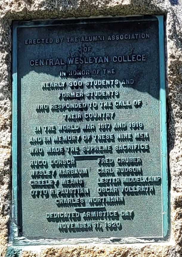 CENTRAL WESLEYAN COLLEGE WORLD WAR I MEMORIAL PLAQUE